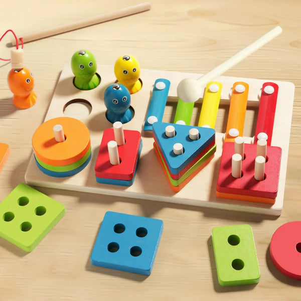 🧠 Montessori 3-in-1 Wooden Learning Toy – Color Sorting, Shape Stacking & Musical Fun