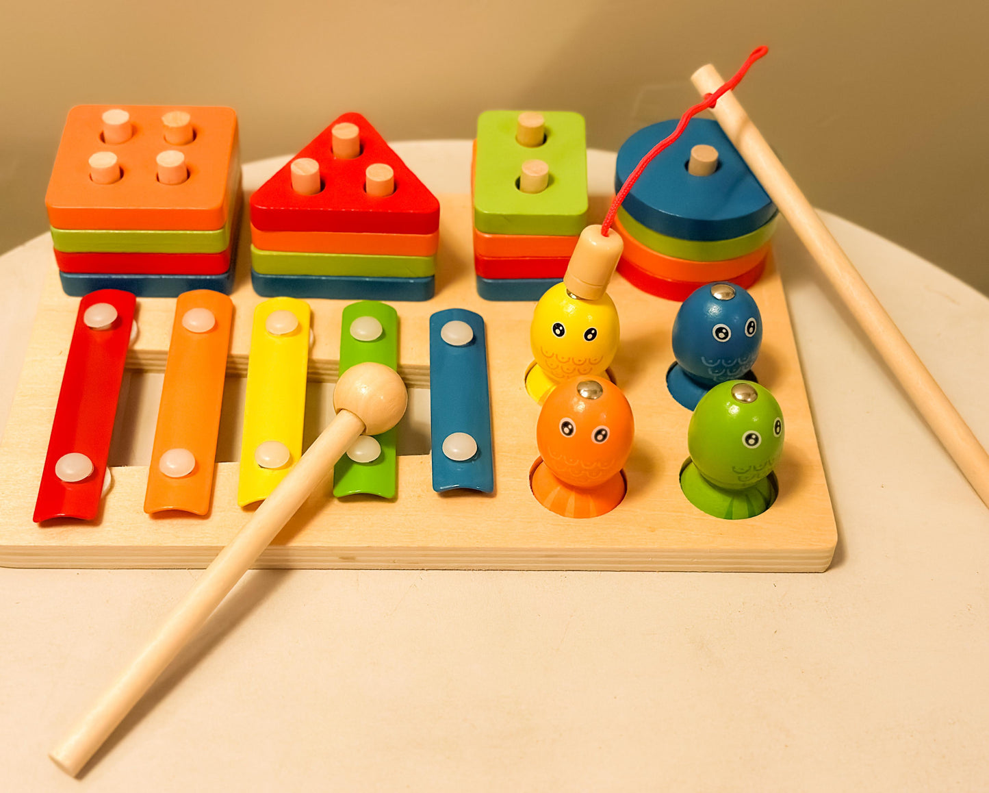 🧠 Montessori 3-in-1 Wooden Learning Toy – Color Sorting, Shape Stacking & Musical Fun