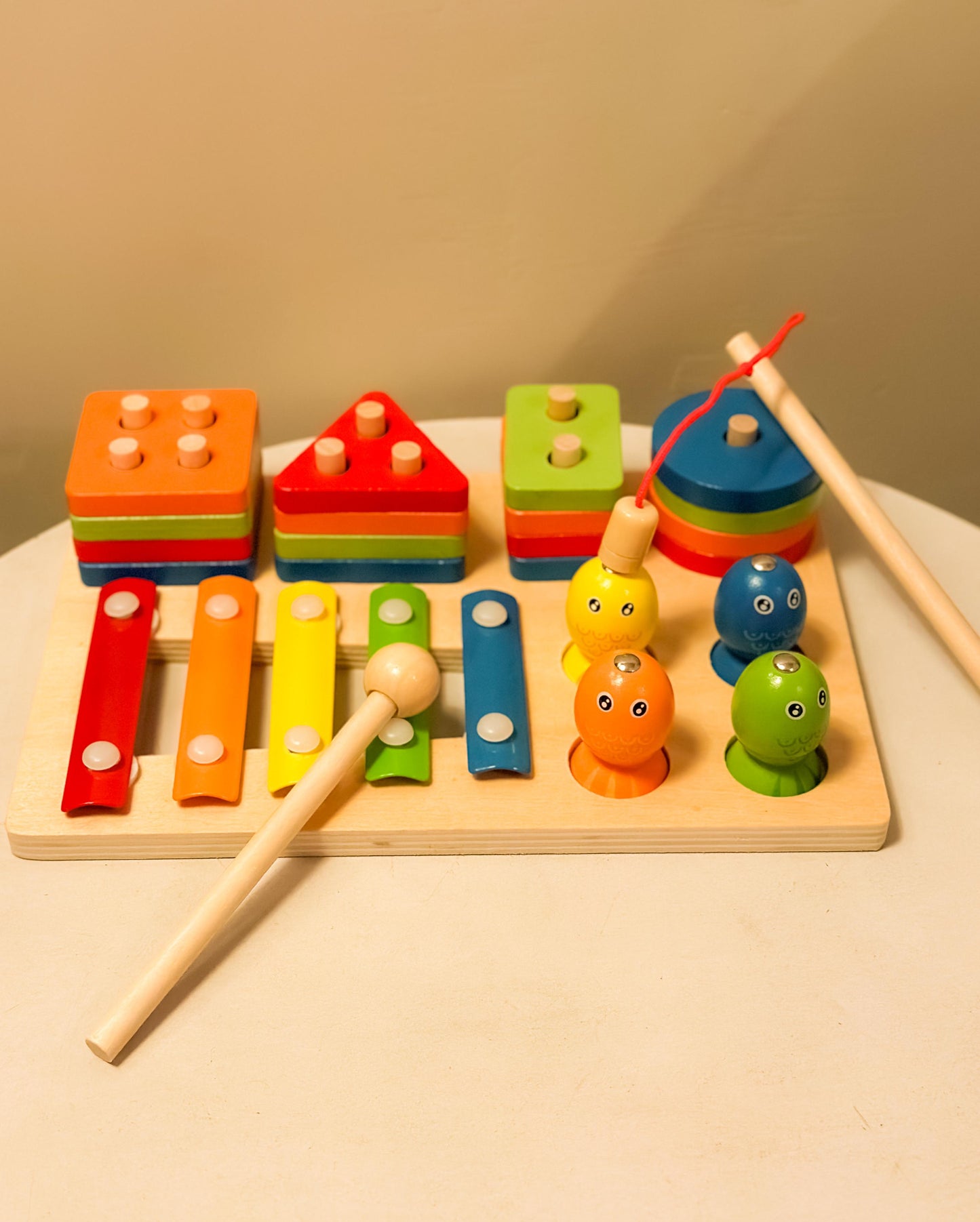 🧠 Montessori 3-in-1 Wooden Learning Toy – Color Sorting, Shape Stacking & Musical Fun