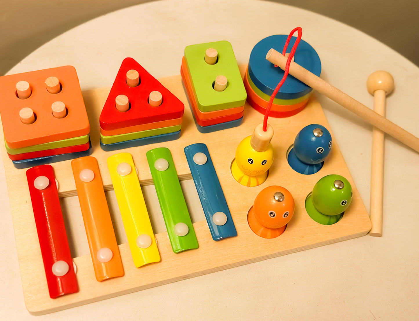 🧠 Montessori 3-in-1 Wooden Learning Toy – Color Sorting, Shape Stacking & Musical Fun