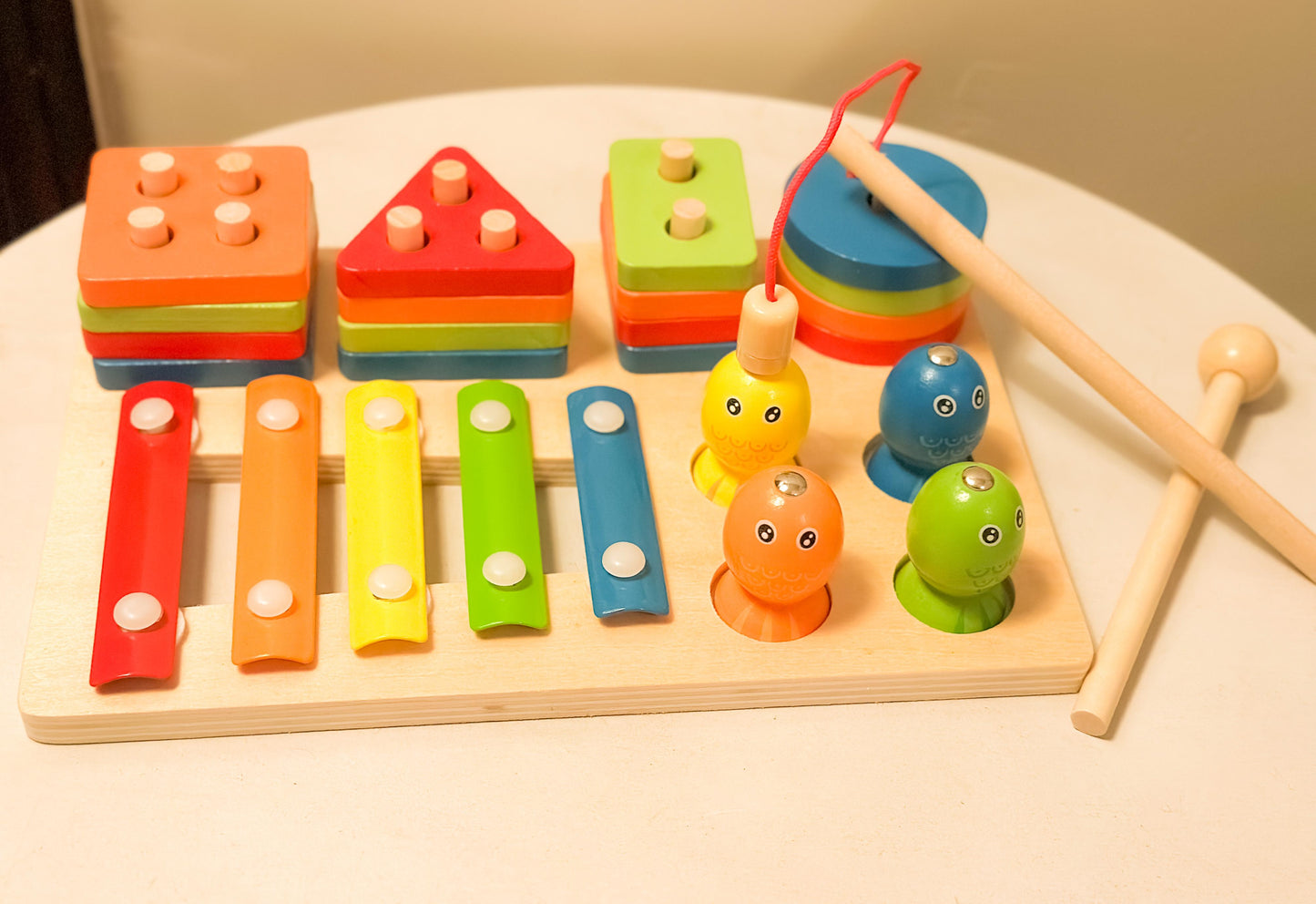 🧠 Montessori 3-in-1 Wooden Learning Toy – Color Sorting, Shape Stacking & Musical Fun