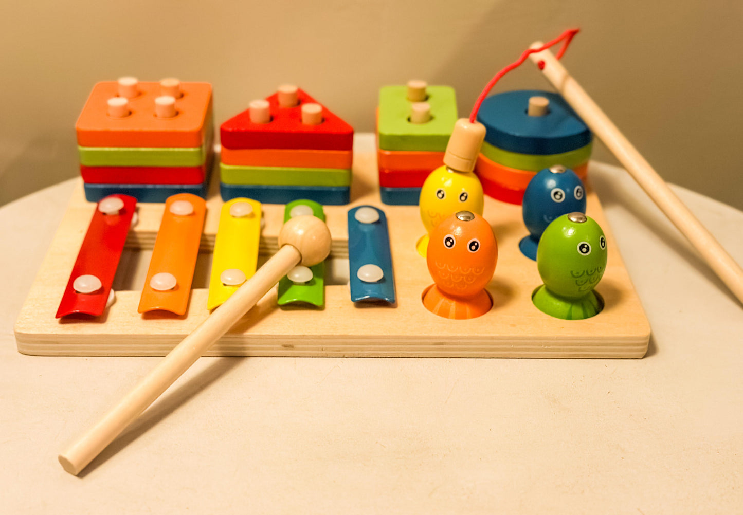 🧠 Montessori 3-in-1 Wooden Learning Toy – Color Sorting, Shape Stacking & Musical Fun