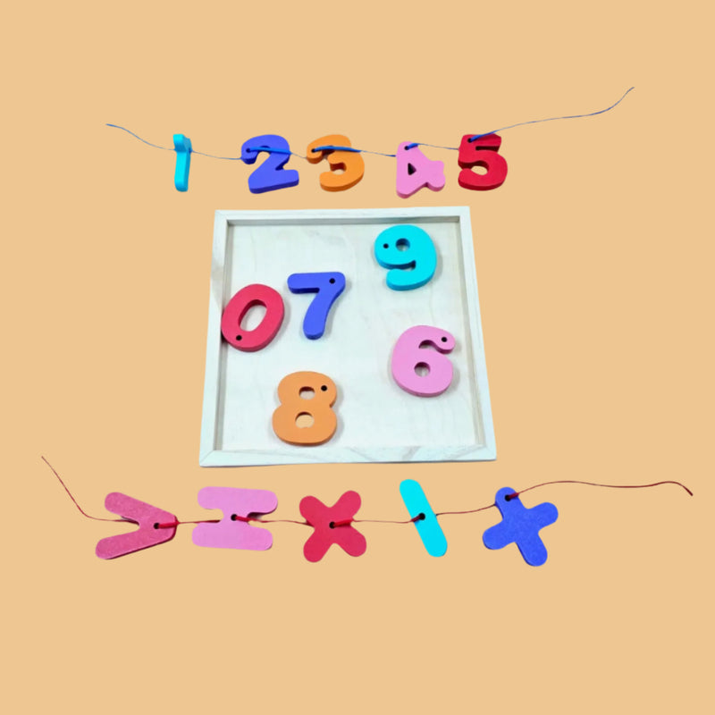🔢 Colorful Wooden Lacing Numbers & Signs – Montessori Fine Motor Toy