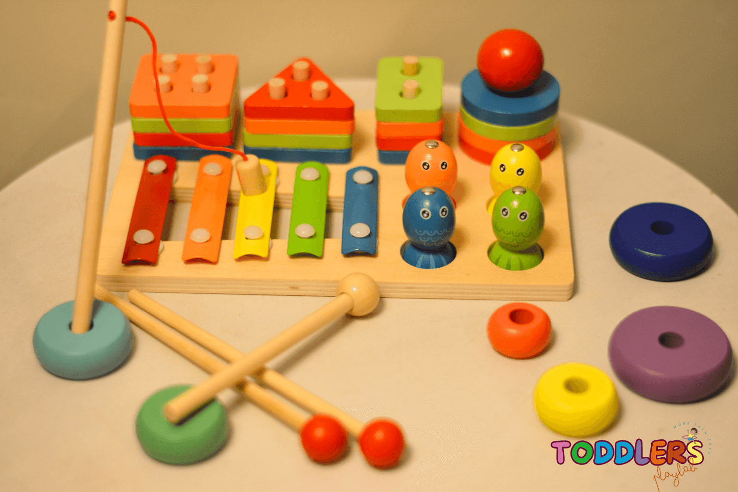 🧠 Montessori 3-in-1 Wooden Learning Toy – Color Sorting, Shape Stacking & Musical Fun