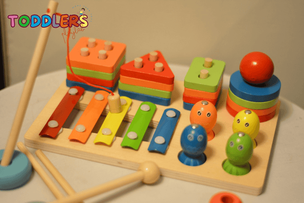 🧠 Montessori 3-in-1 Wooden Learning Toy – Color Sorting, Shape Stacking & Musical Fun