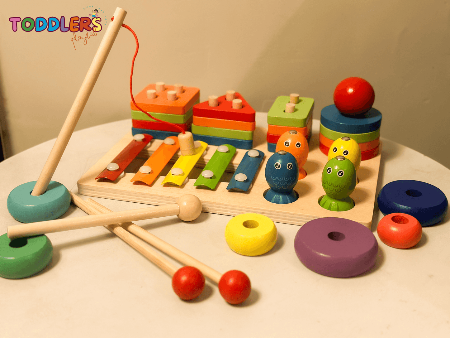 🧠 Montessori 3-in-1 Wooden Learning Toy – Color Sorting, Shape Stacking & Musical Fun
